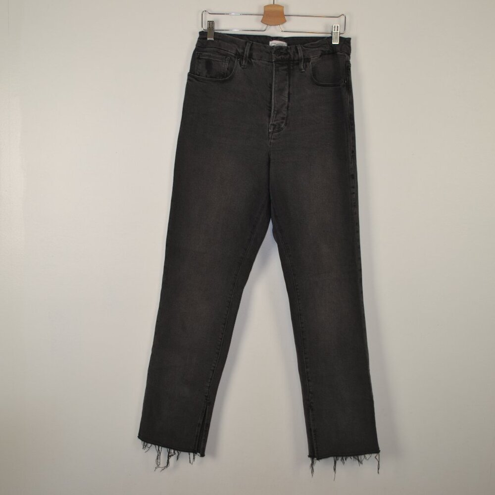 Good American Good Boy Jeans Black Womens 12/31 Distressed Slit Raw Hem Denim